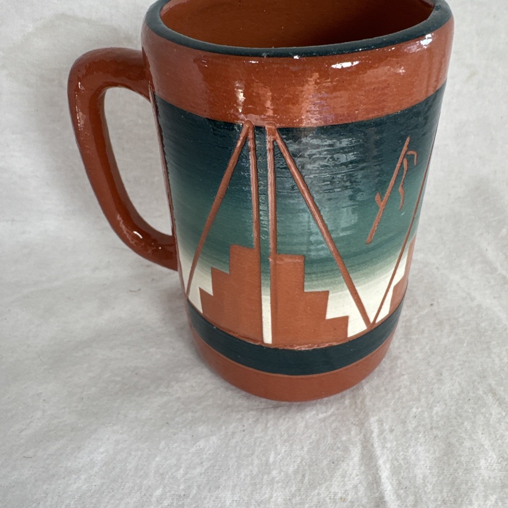 Vintage Hand made Native American Navajo Etched Coffee Mug Cup Red Clay Signed